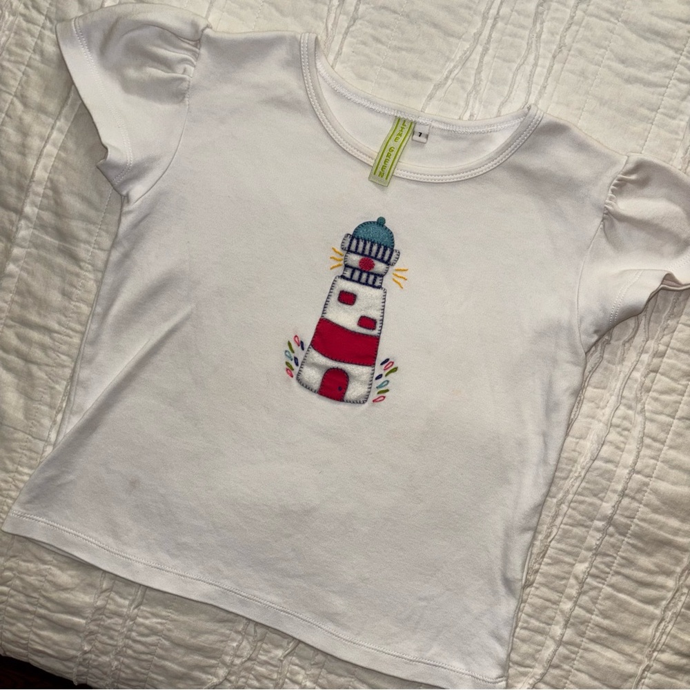 Lime Green White flutter sleeve top with embroidered lighthouse girl 7